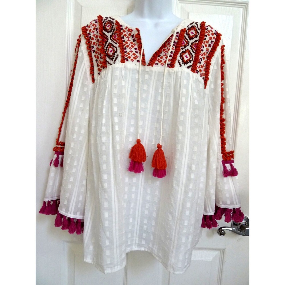 Chico's Sz 3 XL Embroidered Bell Sleeve Tassel Southwestern Blouse 570234090